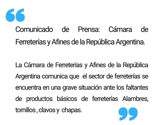 Comunicado de Prensa: Faltantes de productos de ferreterías.